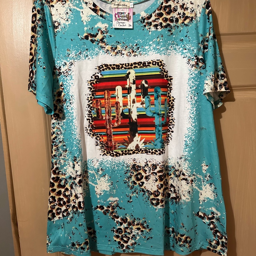 Cowgirl Tuff Turquoise Leopard Cactus Tee